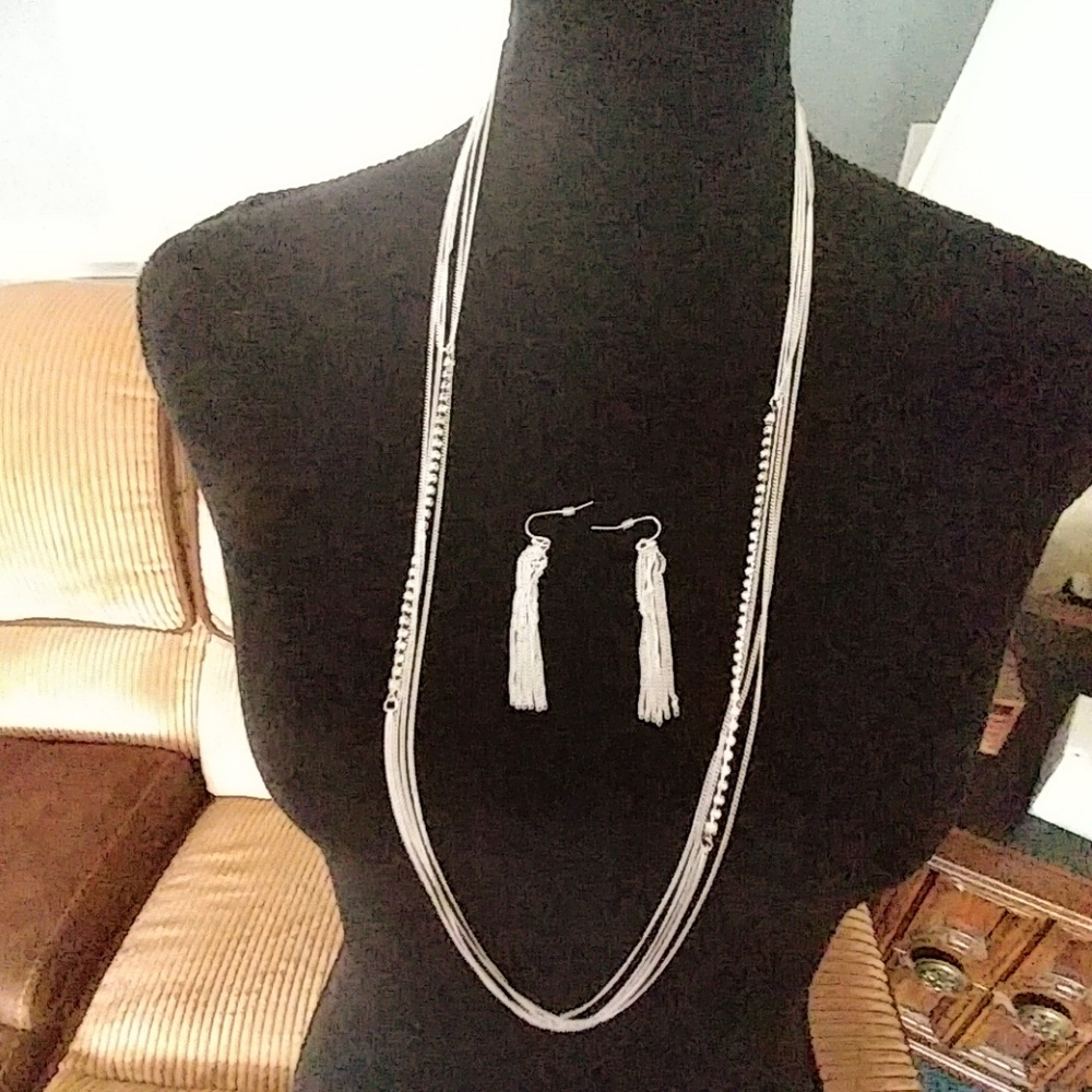 DR159.   Long Silver Necklace with Earrings